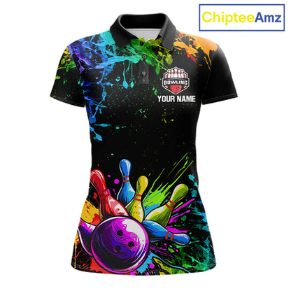 Colorful Rainbow Splatter women's bowling polo shirt, custom bowling team shirt, personalized bowling jersey
