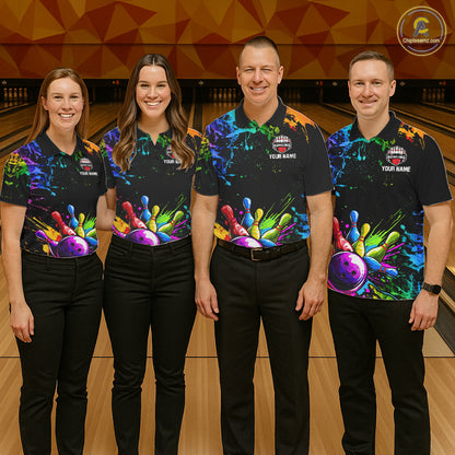 Men women bowling team wearing Colorful Rainbow Splatter custom bowling uniforms