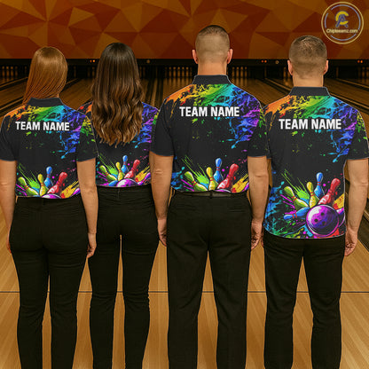 Men women bowling team wearing Colorful Rainbow Splatter custom bowling uniforms