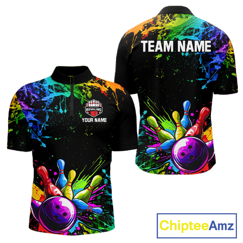 Colorful Rainbow Splatter men's bowling quarter zip shirt, bowling league uniform, custom team apparel
