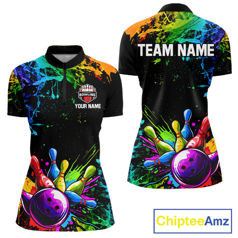 Colorful Rainbow Splatter women's bowling quarter zip shirt, bowling league uniform, custom team apparel