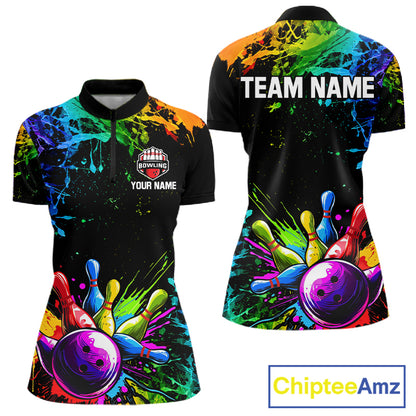 Colorful Rainbow Splatter women's bowling quarter zip shirt, bowling league uniform, custom team apparel