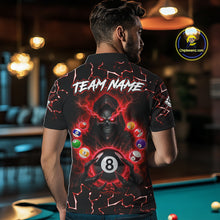 Load image into Gallery viewer, Male bowler wearing Lightning Red Grim Reaper bowling jersey, custom skull bowling shirt, league tournament apparel