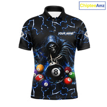 Load image into Gallery viewer, Lightning Blue Grim Reaper men's bowling polo shirt, custom skull bowling team jersey, personalized bowling league apparel