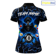 Load image into Gallery viewer, Lightning Blue Grim Reaper women's bowling polo shirt, custom skull bowling team jersey, league bowling apparel