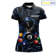 Load image into Gallery viewer, Lightning Blue Grim Reaper women's bowling polo shirt, custom skull bowling team jersey, league bowling apparel