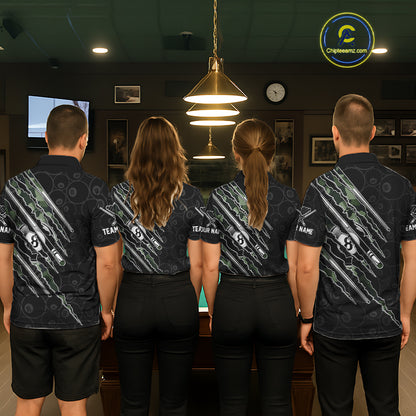 Matching pool team wearing military camo personalized jerseys, billiard pool tournament uniforms, tactical custom club apparel
