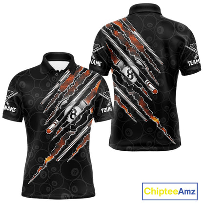 Men's Red Fire Flames billiard polo with personalized name, custom pool league jersey, billiard tournament apparel, athletic performance team shirt.