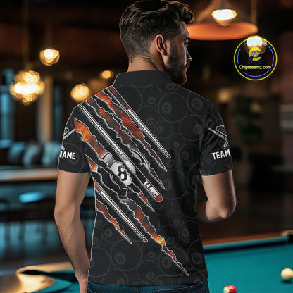 Male model wearing Red Fire Flames personalized billiard polo, APA league jersey, cue sports apparel, custom athletic team clothing.