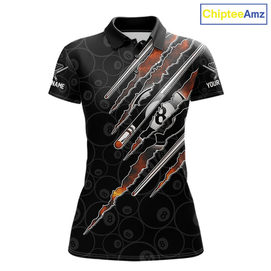 Women's Red Fire Flames billiard polo shirt featuring 8 Ball graphics, personalized pool league jersey, APA and BCA tournament apparel, custom cue sports clothing, moisture-wicking athletic polo.