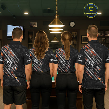 Matching billiard team wearing Red Fire Flames personalized jerseys with custom names, billiard pool tournament uniforms, professional custom sports apparel.