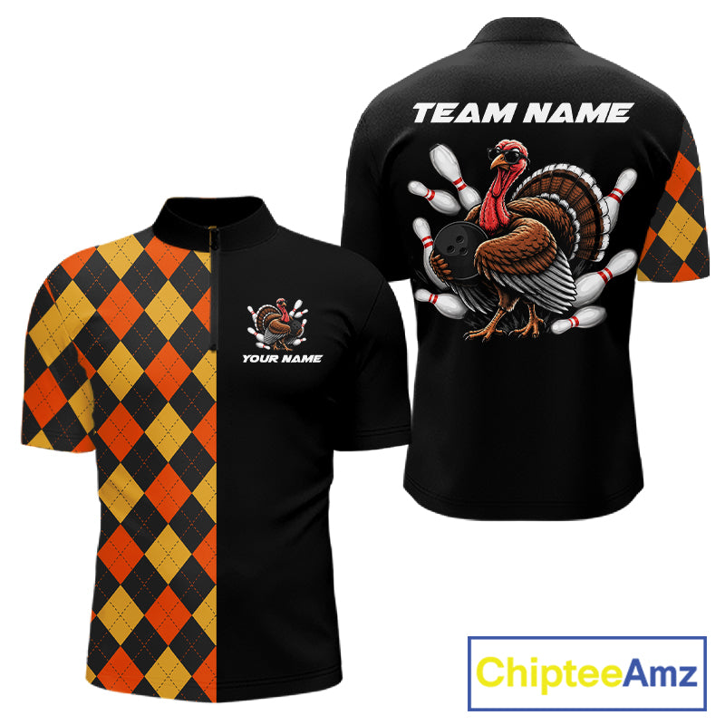 Custom Funny Turkey Retro Bowling Team Shirts For Men Thanksgiving Bowling Tournament Outfits NYN4156