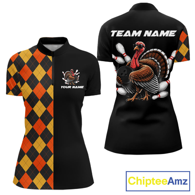 Custom Funny Turkey Retro Bowling Team Shirts For Women Thanksgiving Bowling Tournament Outfits NYN4156
