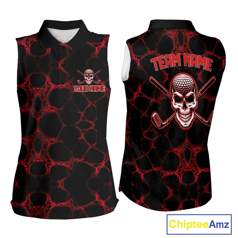 Red And Black Skull Golf Shirt Custom Women Team Golf Sleeveless Polo Shirt Golf Ball Skull Apparel NYN4574