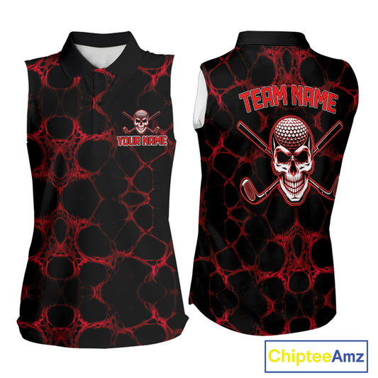 Red And Black Skull Golf Shirt Custom Women Team Golf Sleeveless Polo Shirt Golf Ball Skull Apparel NYN4574