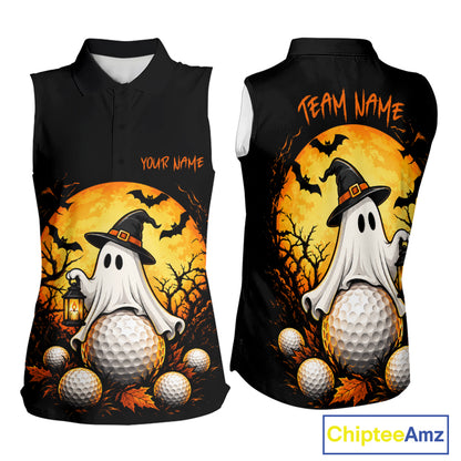 Custom Halloween Women Golf Sleeveless Polo Shirt Personalized Spooky Ghost Golfer Halloween Golf Jersey NYN4575
