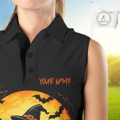 Custom Halloween Women Golf Sleeveless Polo Shirt Personalized Spooky Ghost Golfer Halloween Golf Jersey NYN4575