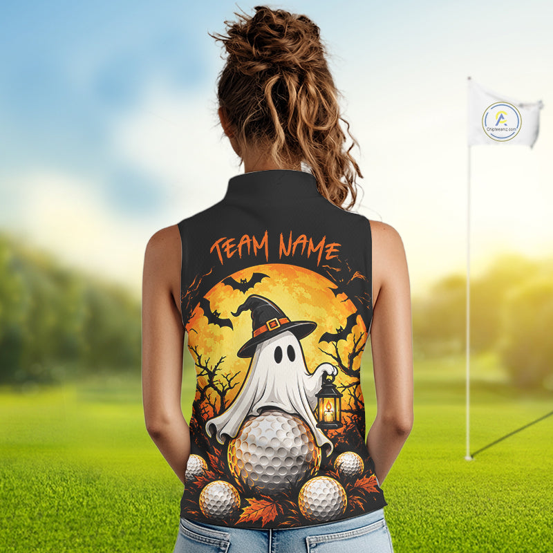 Custom Halloween Women Golf Sleeveless Polo Shirt Personalized Spooky Ghost Golfer Halloween Golf Jersey NYN4575