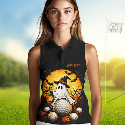 Custom Halloween Women Golf Sleeveless Polo Shirt Personalized Spooky Ghost Golfer Halloween Golf Jersey NYN4575