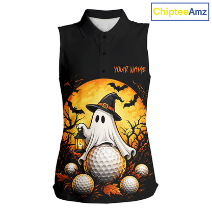 Custom Halloween Women Golf Sleeveless Polo Shirt Personalized Spooky Ghost Golfer Halloween Golf Jersey NYN4575