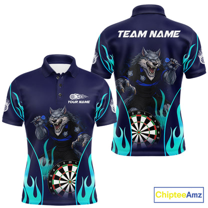 Personalized Funny Wolf Blue Flaming Darts Men Polo & 1/4-Zip Dart Shirt Wolf Dart Team Jerseys NYN2900