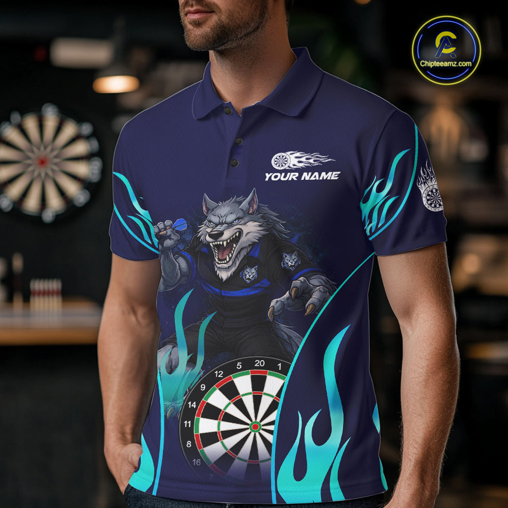 Personalized Funny Wolf Blue Flaming Darts Men Polo & 1/4-Zip Dart Shirt Wolf Dart Team Jerseys NYN2900