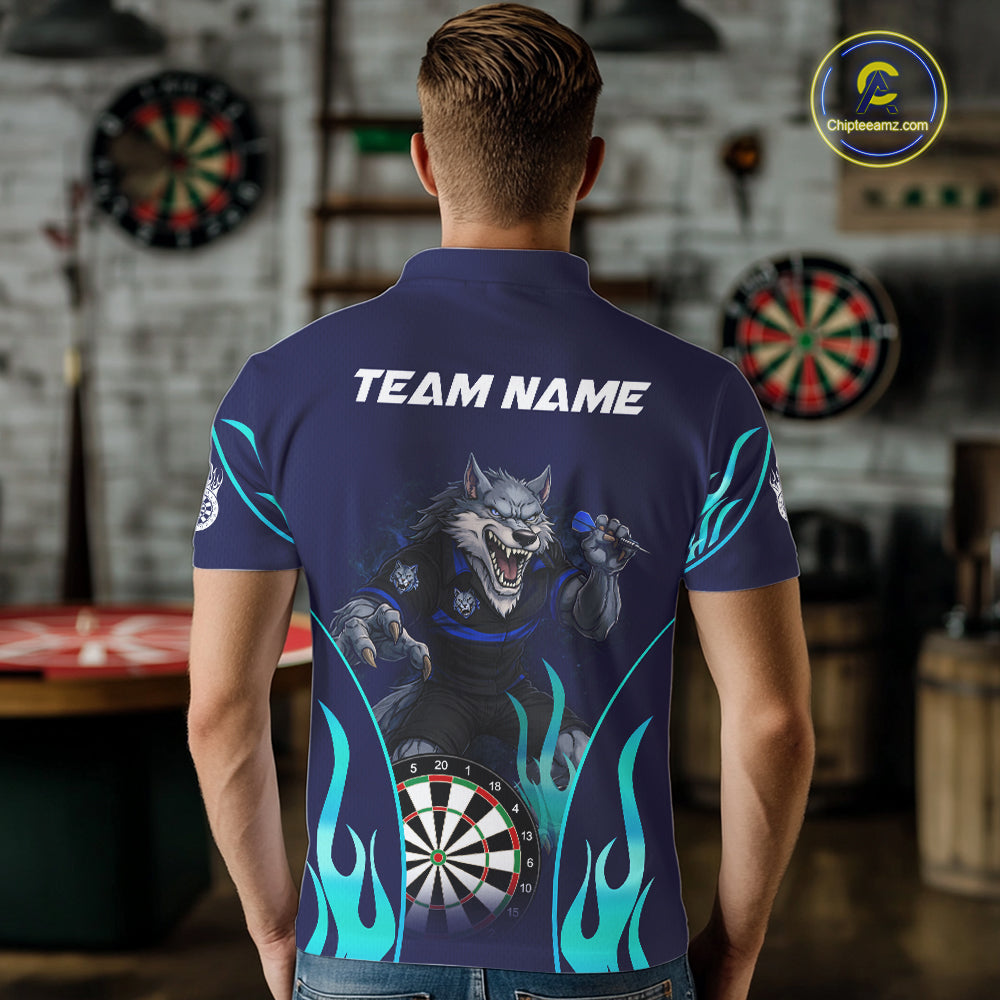 Personalized Funny Wolf Blue Flaming Darts Men Polo & 1/4-Zip Dart Shirt Wolf Dart Team Jerseys NYN2900