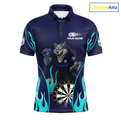 Personalized Funny Wolf Blue Flaming Darts Men Polo & 1/4-Zip Dart Shirt Wolf Dart Team Jerseys NYN2900
