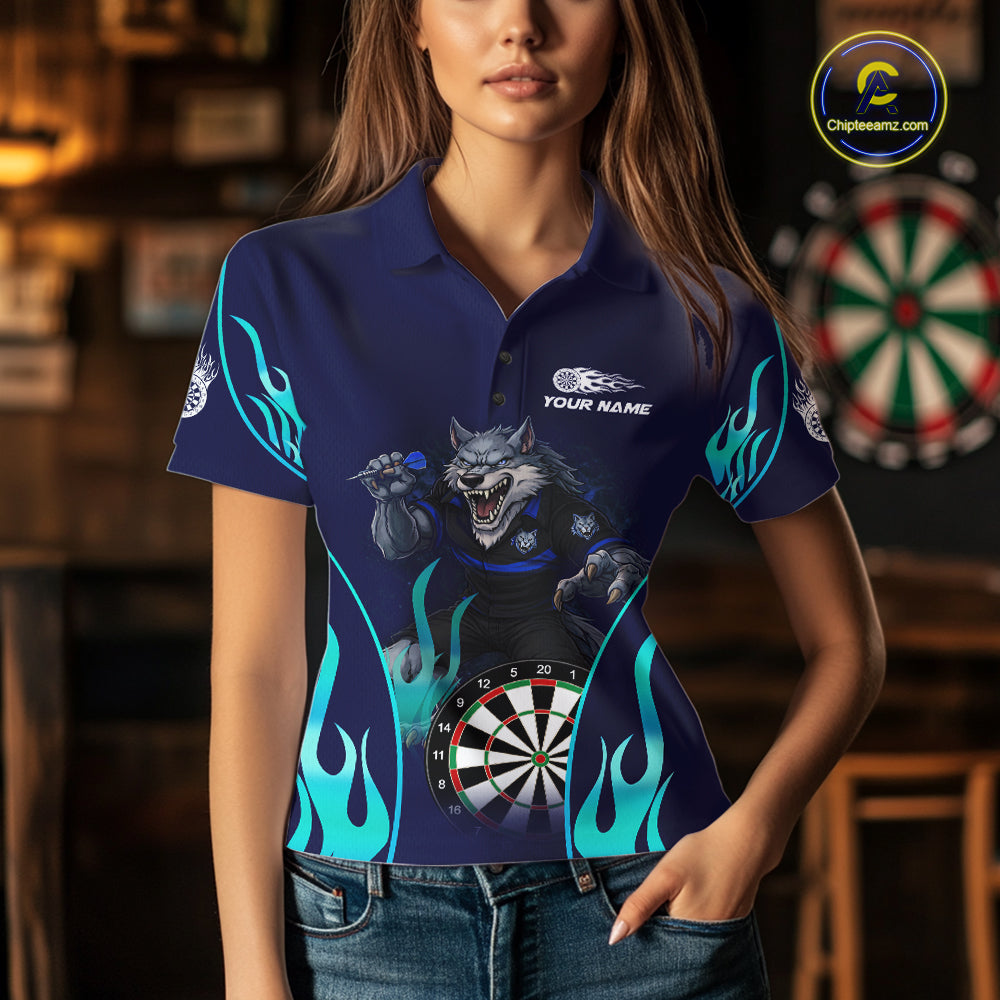 Personalized Funny Wolf Blue Flaming Darts Women Polo & 1/4-Zip Dart Shirt Wolf Dart Team Jerseys NYN2900