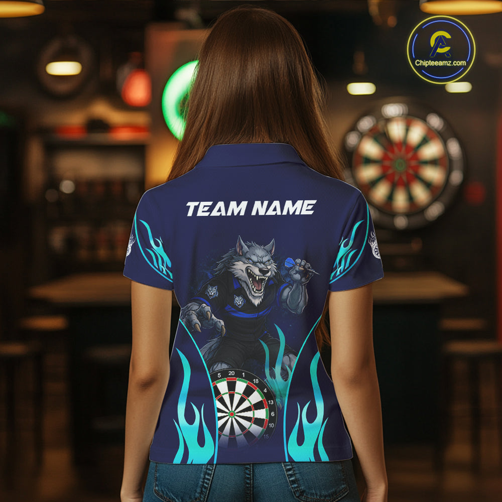 Personalized Funny Wolf Blue Flaming Darts Women Polo & 1/4-Zip Dart Shirt Wolf Dart Team Jerseys NYN2900