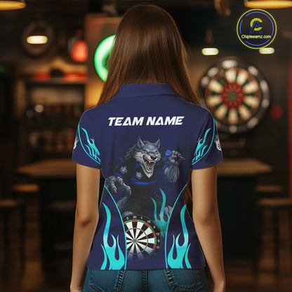 Personalized Funny Wolf Blue Flaming Darts Women Polo & 1/4-Zip Dart Shirt Wolf Dart Team Jerseys NYN2900