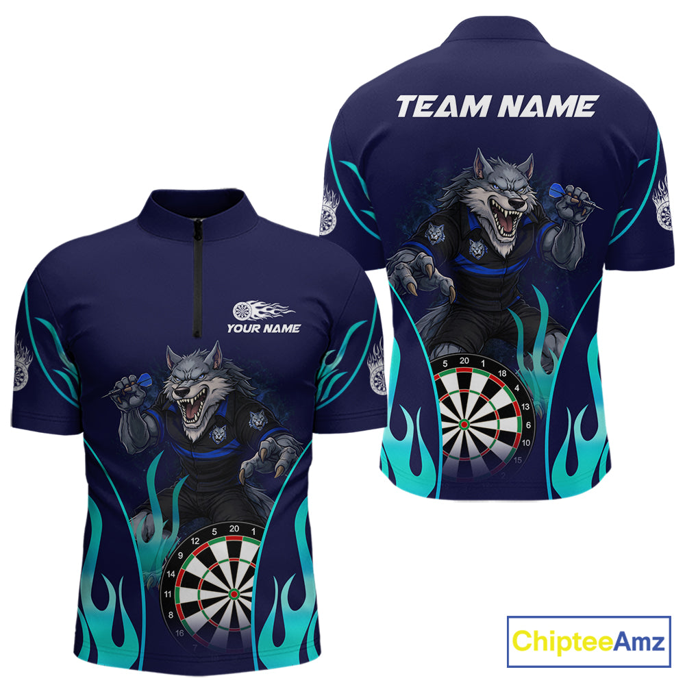Personalized Funny Wolf Blue Flaming Darts Men Polo & 1/4-Zip Dart Shirt Wolf Dart Team Jerseys NYN2900