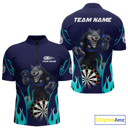 Personalized Funny Wolf Blue Flaming Darts Men Polo & 1/4-Zip Dart Shirt Wolf Dart Team Jerseys NYN2900