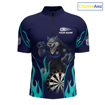 Personalized Funny Wolf Blue Flaming Darts Men Polo & 1/4-Zip Dart Shirt Wolf Dart Team Jerseys NYN2900
