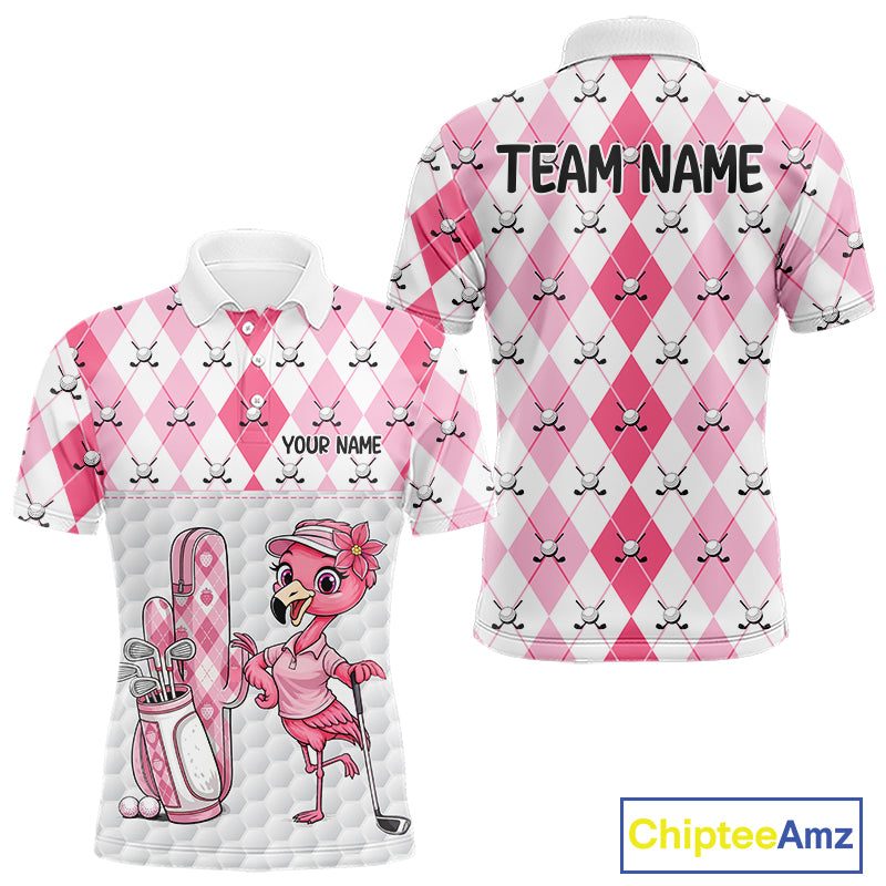 Funny Flamingo Golf Polo Shirts For Men Pink Argyle Flamingo Custom White Ball Golf Apparel NYN3121