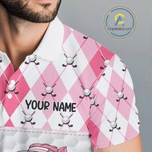 Load image into Gallery viewer, Funny Flamingo Golf Polo Shirts For Men Pink Argyle Flamingo Custom White Ball Golf Apparel NYN3121