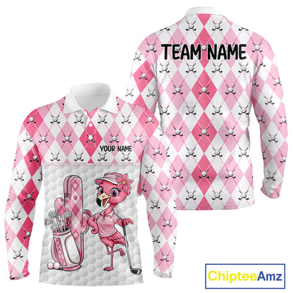 Funny Flamingo Golf Polo Shirts For Men Pink Argyle Flamingo Custom White Ball Golf Apparel NYN3121