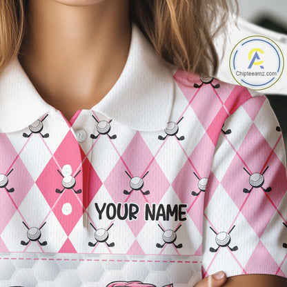 Funny Flamingo Golf Polo Shirts For Women Pink Argyle Flamingo Custom White Ball Golf Apparel NYN3121