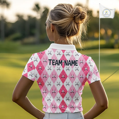 Funny Flamingo Golf Polo Shirts For Women Pink Argyle Flamingo Custom White Ball Golf Apparel NYN3121