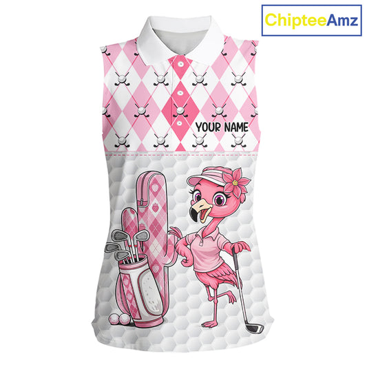 Funny Flamingo Golf Sleeveless Polo Shirts For Women Pink Argyle Flamingo Custom White Ball Golf Apparel NYN3121