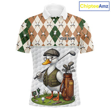 Load image into Gallery viewer, Funny Cool Duck Golf Polo Shirts For Men Green &amp; Brown Argyle Custom White Ball Golf Apparel NYN3122