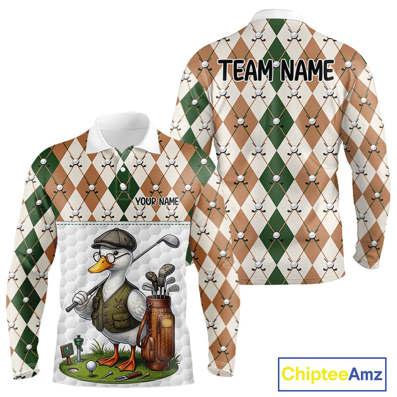 Funny Cool Duck Golf Polo Shirts For Men Green & Brown Argyle Custom White Ball Golf Apparel NYN3122