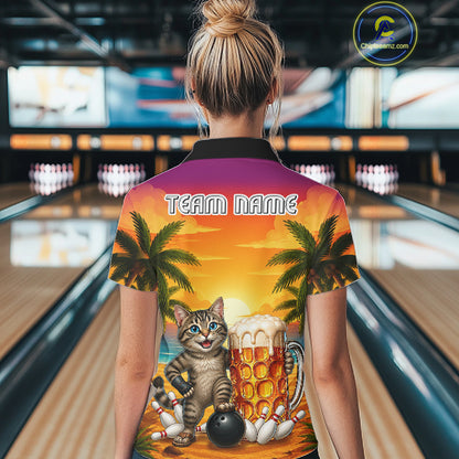 Cheer Beer And Cat Funny Women Bowling Shirt Custom Summer Tropical Youth Bowling Shirts NYN3277
