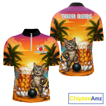 Beer And Cat Funny Men Bowling 1/4-Zip Shirt Custom Summer Tropical Youth Bowling Shirts