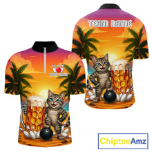 Load image into Gallery viewer, Beer And Cat Funny Men Bowling 1/4-Zip Shirt Custom Summer Tropical Youth Bowling Shirts