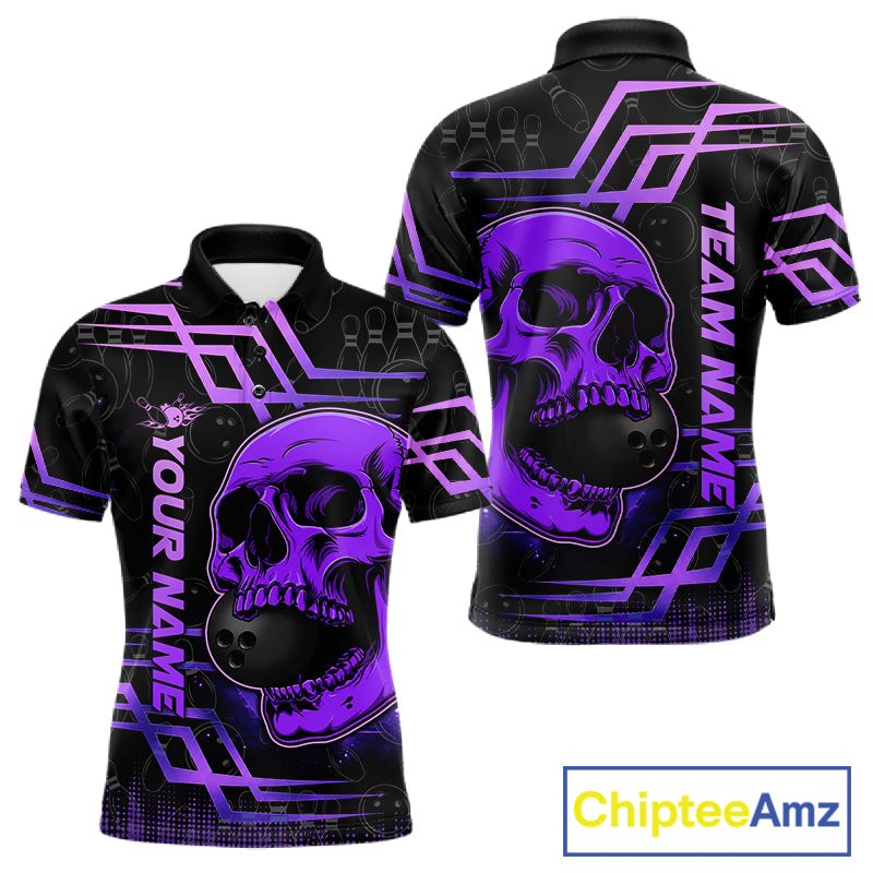 Purple Skull Bowling Ball Shirt For Men Custom Bowling Polo Team Attire