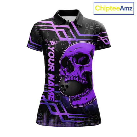 Purple Skull Bowling Ball Shirt For Women Custom Bowling Polo Team Attire