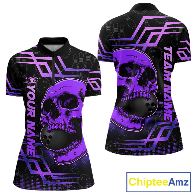 Purple Skull Bowling Ball Shirt For Women Custom Bowling 1/4-ZIp Team Attire
