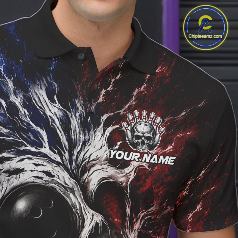 Red And Blue Grunge Skull Mens Bowling Polo Quarter-Zip Shirt Custom Youth Bowling Team Outfits NYN3285
