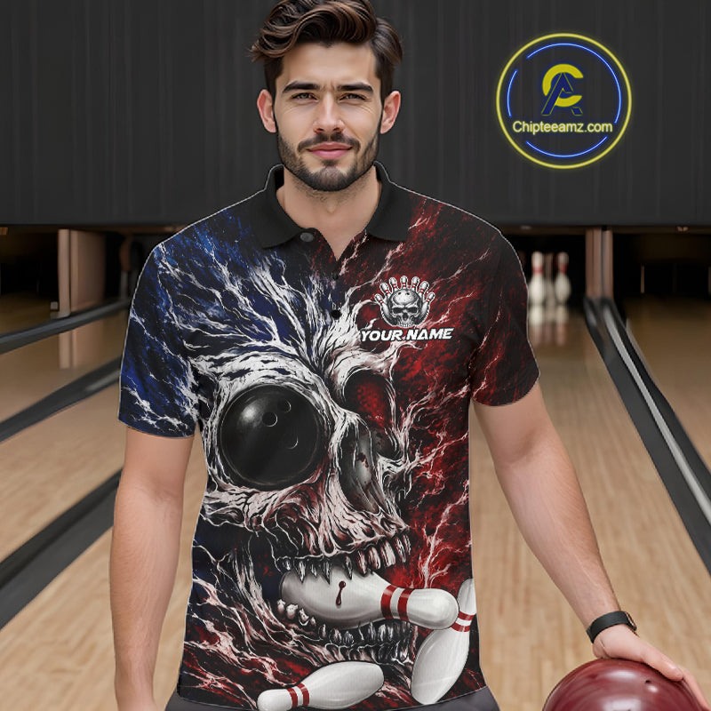 Red And Blue Grunge Skull Mens Bowling Polo Quarter-Zip Shirt Custom Youth Bowling Team Outfits NYN3285